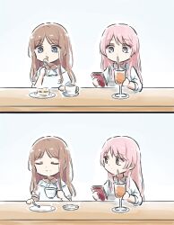 2girls bang_dream! bang_dream!_it&#039;s_mygo!!!!! blue_eyes brown_hair cake cellphone chihaya_anon commentary cup drinking_straw food grey_eyes highres holding holding_cup holding_phone jewelry long_hair lyy multiple_girls nagasaki_soyo necklace phone pink_hair shirt short_sleeves sidelocks smartphone symbol-only_commentary three-quarter_sleeves white_shirt