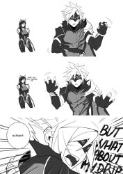 1boy 1girl 3koma absurdres blindfold bodysuit cloud_strife cloud_strife_(bahamut_garb) comic commentary cowboy_shot crossed_arms dragon_wings emphasis_lines english_commentary english_text eye_mask facial_mark final_fantasy final_fantasy_vii final_fantasy_vii_ever_crisis fingerless_gloves gloves greyscale hands_up highres long_hair looking_at_another monochrome official_alternate_costume open_mouth seilidare short_hair shoulder_pads single_wing speech_bubble spiked_hair tifa_lockhart tifa_lockhart_(bahamut_suit) upper_body white_background wings