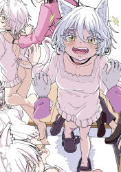 2girls afolo age_difference animal_ears apron ass blush breasts cat_ears cat_girl cat_tail choker colored_eyelashes fangs highres kappougi lace-trimmed_apron lace_trim long_sleeves looking_at_viewer medium_breasts multiple_girls multiple_views naked_apron nipples no_panties office_lady onee-loli open_mouth oppai_loli original slit_pupils smile sweat tail white_hair yellow_eyes yuri