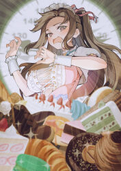 1girl @_@ absurdres blush bow breasts brown_hair c-eye cake cake_slice commentary_request croissant donut drooling food girls&#039;_frontline girls&#039;_frontline_2:_exilium hair_bow highres k2_(girls&#039;_frontline) long_hair maid_headdress mouth_drool official_alternate_costume one_side_up open_mouth solo strawberry_cake sweets white_wrist_cuffs wrist_cuffs yoohee_(girls&#039;_frontline_2) yoohee_(miracle_sweetheart)_(girls&#039;_frontline_2)