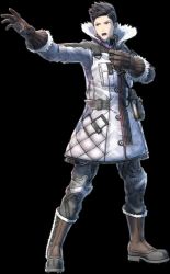 1boy 3d boots brown_eyes brown_hair claude_wallace clothes coat full_body gloves headphones jacket male_focus official_art open_mouth pants radio sega senjou_no_valkyria_(series) senjou_no_valkyria_4 shirt shoes short_hair simple_background solo standing