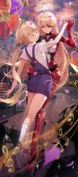 2girls absurdres blonde_hair blue_sky closed_mouth cloud cloudy_sky dancing eyepatch closed_eyes facing_to_the_side fireworks full_body highres holding_hands looking_at_viewer multiple_girls nemesis_(tower_of_fantasy) overalls red_eyes shirli_(tower_of_fantasy) sky smile socks tower_of_fantasy twintails xude yuri