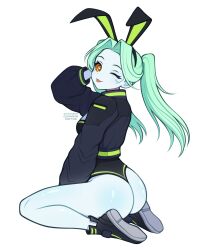 1girl absurdres animal_ears ass black_shoes blue_skin colored_skin commentary cyberpunk_(series) cyberpunk_edgerunners english_commentary full_body green_hair highres jacket long_eyelashes one_eye_closed parted_bangs rabbit_ears rebecca_(cyberpunk) shoes sitting sneakers solo tongue tongue_out twintails vivianvalenart white_background