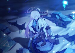 2girls ahoge black_boots black_dress black_gloves black_jacket black_shoes black_skirt black_thighhighs blue_archive blue_eyes blue_necktie boots demon_girl demon_horns demon_wings dress gloves halo heterochromia highres hina_(blue_archive) holding_hands horns hoshino_(blue_archive) jacket jacket_on_shoulders kneehighs looking_to_the_side multiple_girls necktie non-web_source official_art one_eye_closed pink_halo plaid_clothes plaid_skirt purple_eyes purple_halo shirt shoes skirt socks thighhighs white_hair white_shirt white_socks wings yellow_eyes
