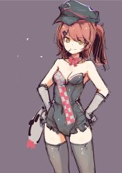 1girl absurdres black_leotard breasts candy cheeta_(girls&#039;_frontline_2) cheeta_(sparks_on_the_circuit)_(girls&#039;_frontline_2) food frilled_leotard frills girls&#039;_frontline girls&#039;_frontline_2:_exilium gloves hair_ornament hands_on_own_hips hat highres leotard lollipop looking_at_viewer medium_breasts mp7_(girls&#039;_frontline) official_alternate_costume race_queen simple_background solo yellow_eyes yoto_(rinlin2)