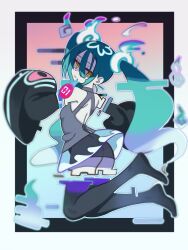 1girl absurdres aqua_hair ass back black_boots black_sleeves boots creatures_(company) detached_sleeves fire floating full_body game_freak hatsune_miku highres long_hair looking_back nintendo pokemon project_voltage rehu_(astd5787) solo thigh_boots twintails vocaloid yellow_eyes