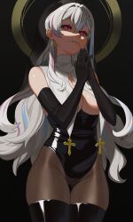 1girl :3 bare_shoulders big_hair black_background black_gloves black_leotard black_pantyhose black_thighhighs black_veil blue_eyeliner blue_eyeshadow blue_hair blue_streaks braid breast_curtains breasts cleavage collar commentary commission cowboy_shot cross cross_earrings cross_pendant crossed_bangs double-parted_bangs earrings elbow_gloves english_commentary eyebrows_hidden_by_hair eyeliner eyeshadow gloves gold_earrings grey_hair groin guimpe hair_between_eyes hair_intakes hair_over_shoulder half-closed_eyes half-leotard half_crown_braid hands_up head_tilt high_collar highleg highleg_leotard highres interlocked_fingers jewelry karassawa large_breasts latex latex_leotard latex_thighhighs legs_together leotard long_eyelashes long_hair looking_at_viewer looking_down looking_to_the_side makeup multicolored_hair narrowed_eyes no_bra nun original own_hands_together palms_together pantyhose parted_lips pink_eyes pink_hair pink_streaks praying raised_eyebrows revealing_clothes seductive_smile see-through_pantyhose shade sheer_pantyhose shiny_clothes sidelocks single_braid skindentation smile solo standing streaked_hair teeth thick_eyelashes thick_thighs thigh_gap thighhighs thighs turtleneck underboob underbust veil very_long_hair w_arms wavy_hair white_collar wide_hips