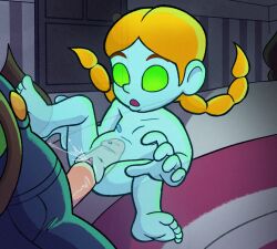 1boy 1girl bed blonde_hair braid clothed_male_nude_female completely_nude dushon erection female_ejaculation flat_chest ghost ghost_girl green_eyes hetero indoors loli luigi luigi&#039;s_mansion mario_(series) nintendo nipples nude open_mouth overalls penis pussy_juice see-through_body sex sue_pea_(luigi&#039;s_mansion) twin_braids vaginal