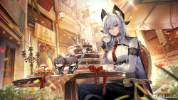 1boy 2girls armband black_armband black_gloves black_horns black_jacket black_pants breasts cake candlestand chest_harness chinese_text collared_shirt cup curled_horns dual_persona female_rover_(wuthering_waves) food fork fruit gloves hair_between_eyes harness high-waist_pants highres holding holding_cup holding_fork holding_knife horns jacket jacket_on_shoulders knife kuuus large_breasts logo looking_at_viewer male_rover_(wuthering_waves) mini_person multiple_girls necktie official_art pants parted_lips red_eyes red_necktie rover_(wuthering_waves) shirt shirt_tucked_in sitting smile strawberry teacup translation_request white_shirt wuthering_waves zani_(wuthering_waves)