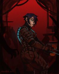 Rule 34 | 1girl, 1other, absurdres, android, armor, black hair, blue eyes, cosplay, dead space, elster (signalis), film grain, highres, isaac clarke, isaac clarke (cosplay), necromorph, plasma cutter, red theme, shardikart, short hair, signalis, solo focus, spacesuit, trait connection