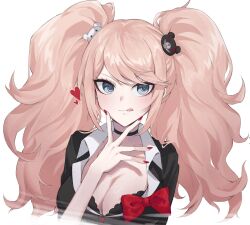 1girl :q bear_hair_ornament black_choker black_shirt blonde_hair bow breasts choker cleavage collarbone danganronpa:_trigger_happy_havoc danganronpa_(series) enoshima_junko grey_eyes hair_ornament hand_up heart highres hy_(fjvlg) large_breasts long_hair looking_at_viewer nail_polish red_bow red_nails shirt simple_background smile solo tongue tongue_out twintails white_background