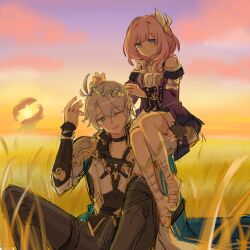 1boy 1girl ahoge black_choker black_pants blue_eyes chinese_commentary choker closed_mouth coat commentary_request cyrene_(honkai:_star_rail) dress hair_ornament head_wreath highres honkai:_star_rail honkai_(series) lianxielian one_eye_closed open_mouth outdoors pants phainon_(honkai:_star_rail) pink_hair purple_coat purple_sky sandals sitting sitting_on_shoulder sky smile sunset wheat wheat_field white_coat white_dress white_hair