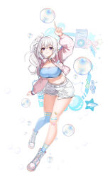 1girl absurdres arm_up blue_shirt blue_socks blue_thighhighs boots breasts choker closed_mouth closers crop_top exposed_pocket full_body highres index_finger_raised jacket large_breasts levia_(closers) long_hair long_sleeves looking_at_viewer midriff navel official_art open_clothes open_jacket pink_boots pink_jacket pointy_ears purple_eyes shirt short_shorts shorts side_ponytail single_sock single_thighhigh smile socks solo thighhighs thighs torn_clothes torn_shorts white_choker white_hair white_shorts