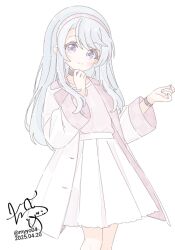 1girl alternate_costume brown_shirt chame_(myyo04) coat commentary_request dated feet_out_of_frame grey_hair hairband kantai_collection purple_eyes purple_hairband sagiri_(kancolle) shirt signature skirt smile solo twitter_username white_coat white_skirt