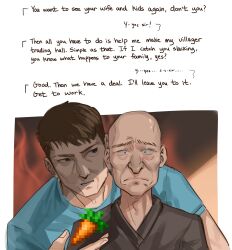 2boys absurdres bald blue_shirt brown_hair brown_robe carrot commentary english_commentary english_text furrowed_brow green_eyes highres holding holding_carrot minecraft multiple_boys old old_man parted_lips robe shirt short_hair steve_(minecraft) tanukidraws upper_body villager_(minecraft) wide-eyed