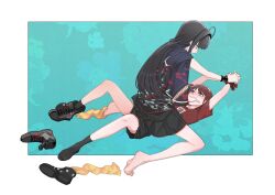 2girls animal_ears artist_request awa_subaru barefoot biting biting_another&#039;s_hand black_footwear black_hair black_shorts black_skirt black_socks blue_background blue_eyes blush boots bound bound_wrists closed_mouth commission covering_another&#039;s_mouth fang girls_band_cry hand_over_another&#039;s_mouth haori highres iseri_nina japanese_clothes kuuhaku_to_catharsis long_hair multiple_girls purple_eyes red_hair red_shirt second-party_source shirt shoes short_sleeves shorts skirt sneakers socks straddling yellow_socks yuri