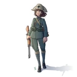 1girl absurdres ammunition_pouch ankle_wrap bayonet belt bicorne bolt_action boots brown_hair carabinieri full_body gun hat highres holding holding_gun holding_weapon italian_army italy jacket leg_wrap long_sleeves looking_to_the_side medium_hair military military_uniform original ostwindprojekt pants pouch puttee rifle shadow simple_background soldier solo standing star_(symbol) strap weapon white_background world_war_i yellow_eyes