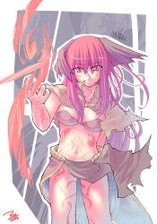 1girl 2000s_(style) 2003 armor bad_id bikini bikini_armor bikini_top_only breasts brown_bikini brown_capelet brown_skirt capelet closed_mouth commentary_request cowboy_shot expressionless fire glasses grey_background long_hair looking_at_viewer mage_(ragnarok_online) medium_breasts midriff navel pelvic_curtain pyrokinesis ragnarok_online red_eyes ryo_(liver_sashi_daisuki!) showgirl_skirt skirt solo swimsuit