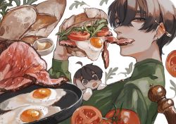 2boys ahoge bread brown_eyes brown_hair commentary drooling ear_piercing earrings eating egg_(food) english_commentary fatalbug896 food food_focus food_in_mouth from_side frying_pan green_shirt hair_between_eyes hand_up highres holding holding_food jewelry leaf long_sleeves looking_at_viewer male_focus meal meat mini_person miniboy mixed-language_commentary mouth_drool multiple_boys open_mouth original pepper_(spice) piercing sandwich sauce shirt short_hair sunny_side_up_egg tomato tomato_slice upper_body white_background