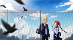 1boy 1girl aerith_gainsborough alternate_costume alternate_universe bag bird black_bag black_jacket black_pants black_sailor_collar black_skirt blonde_hair braid braided_ponytail brown_hair chain-link_fence character_charm charm_(object) closed_eyes closed_mouth cloud cloud_strife cloudy_sky collared_shirt cowboy_shot fence final_fantasy final_fantasy_vii hair_ribbon hand_in_pocket highres jacket laughing long_hair meli_sketch moogle necktie open_mouth pants parted_bangs pink_ribbon red_necktie ribbon rooftop sailor_collar school_uniform shirt short_hair shoulder_bag sidelocks single_braid skirt sky smile spiked_hair white_shirt