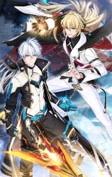 2boys black_gloves blonde_hair blue_eyes cape chinese_commentary closed_mouth commentary_request fire flaming_sword flaming_weapon gloves green_eyes grin hair_between_eyes highres holding holding_sword holding_weapon honkai_(series) honkai_impact_3rd jacket juer1004 kevin_kaslana long_hair long_sleeves looking_at_viewer male_focus multiple_boys open_mouth otto_apocalypse pants short_hair single_glove smile sword teeth weapon white_jacket white_pants