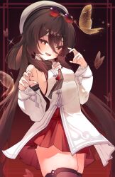 1girl absurdres beret black_thighhighs brown_eyes brown_hair bug butterfly chinese_clothes claw_pose cowboy_shot eyewear_on_head fang flower-shaped_pupils genshin_impact hair_between_eyes hair_rings hands_up hat highres hu_tao_(cherries_snow-laden)_(genshin_impact) hu_tao_(genshin_impact) hyujjo insect long_hair long_sleeves looking_at_viewer miniskirt official_alternate_costume open_mouth red-tinted_eyewear red_nails red_skirt round_eyewear skin_fang skindentation skirt smile solo sunglasses symbol-shaped_pupils thighhighs thighs tinted_eyewear twintails very_long_hair white_hat