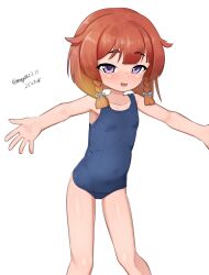1girl absurdres blue_one-piece_swimsuit bob_cut braid covered_navel dated etorofu_(kancolle) feet_out_of_frame gradient_hair highres kantai_collection maru_(marg0613) multicolored_hair old_school_swimsuit one-hour_drawing_challenge one-piece_swimsuit orange_hair outstretched_arms purple_eyes school_swimsuit short_hair side_braids simple_background smile solo swimsuit thick_eyebrows twin_braids twitter_username white_background