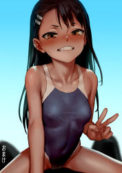Rule 34 | 1girl, as109, black hair, blue one-piece swimsuit, blush, breasts, brown eyes, collarbone, covered navel, dark-skinned female, dark skin, fang, girl on top, hair ornament, hairclip, highres, ijiranaide nagatoro-san, lips, long hair, looking at viewer, nagatoro hayase, one-piece swimsuit, revision, school swimsuit, small breasts, solo focus, sweat, swimsuit, teeth, v