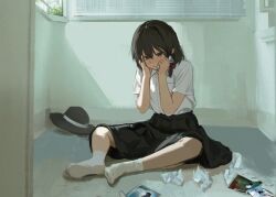 1girl aliaos black_hair black_hat black_skirt bow chinese_commentary collared_shirt commentary_request crying crying_with_eyes_open full_body grey_eyes hair_between_eyes hair_bow hands_on_own_face hat hat_ribbon highres holding_tissue indoors medium_skirt on_floor red_bow ribbon sad shirt short_hair short_sleeves sitting skirt socks solo tears torn_photo touhou unworn_hat unworn_headwear usami_renko used_tissue white_ribbon white_shirt white_socks window