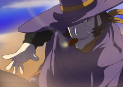 1boy bandana brown_hair chocof91 cigar day grin hat holster male_focus mouth_hold outdoors sentou_mecha_xabungle sideburns smile smoking solo sun_hat timp_sharon yellow_bandana