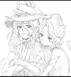 2girls animal_ears blush caroline_bartley cat_ears cat_girl cat_tail crossed_arms face-to-face hat head_on_another&#039;s_shoulder highres hug long_hair messy_hair monochrome multiple_girls parted_bangs plqxcueqeb27227 reverse:1999 tail white_background willow_(reverse:1999) witch_hat yuri