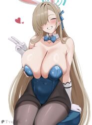 1girl aqua_halo asuna_(blue_archive) asuna_(bunny)_(blue_archive) bare_shoulders black_pantyhose blue_archive blue_bow blue_bowtie blue_leotard blush bow bowtie breasts brown_hair cleavage closed_eyes collarbone commentary covered_navel detached_collar elbow_gloves english_commentary gloves hair_over_one_eye halo heart highleg highleg_leotard highres leotard long_hair mole mole_on_breast official_alternate_costume one_eye_covered pantyhose playboy_bunny sideboob simple_background sitting smile solo thighs tyrzul v very_long_hair white_background white_gloves