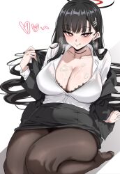 1girl :q absurdres black_bra black_hair black_jacket black_pantyhose black_skirt blazer blue_archive blush bra breasts choker cleavage commentary_request cream cream_on_breasts cream_on_face earrings food food_on_face hair_ornament hairclip halo highres jacket jewelry large_breasts long_hair looking_at_viewer off_shoulder pantyhose pencil_skirt red_eyes ringed_eyes rio_(blue_archive) skirt smile solo tongue tongue_out underwear variant_set very_long_hair woo_(woosan)