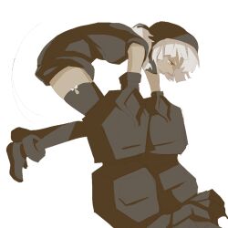 Rule 34 | 1girl, black hoodie, black rock shooter, black thighhighs, dark-skinned female, dark skin, flame print, goldfishu, hood, hoodie, mechanical arms, orange eyes, short hair, solo, strength (black rock shooter), thighhighs, white background, white hair
