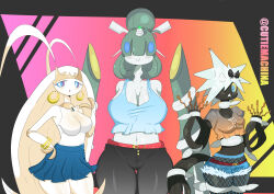3girls breasts celesteela cutiemachina fishnets gen_7_pokemon huge_breasts monster_girl multiple_girls nintendo pheromosa pokemon pokemon_sm skirt ultra_beast xurkitree