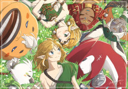 3girls 4boys archaic_set_(zelda) armlet bare_shoulders bird_boy blonde_hair blue_eyes blue_lips blush_stickers circle_formation closed_eyes closed_mouth colored_skin commentary_request dark-skinned_female dark_skin dress earrings facing_another fish_boy gerudo goron green_eyes grey_skin jewelry link looking_at_another lying magatama magatama_necklace maya_(mayamayammy) medium_hair mineru_(zelda) multiple_boys multiple_girls necklace nintendo on_back on_grass open_mouth ponytail princess_zelda red_hair riju rito secret_stone short_hair sidon signature single_bare_shoulder smile strapless strapless_dress teeth the_legend_of_zelda the_legend_of_zelda:_tears_of_the_kingdom tulin_(zelda) yunobo zonai zora