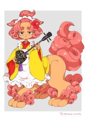 1girl :&lt; animal_ears apron artist_name atann_nnata centauroid closed_mouth colored_skin commentary curly_hair dated floral_print frilled_apron frills highres instrument japanese_clothes kimono looking_at_viewer monster_girl music orange_skin original playing_instrument red_fur red_hair red_tail sanxian_(instrument) short_hair solo standing tail taur thick_eyebrows topknot twitter_username white_apron white_eyes wide_sleeves yellow_kimono