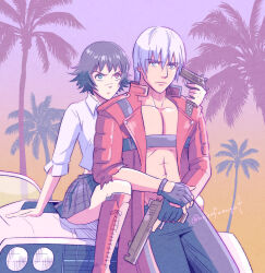 Rule 34 | 1boy, 1girl, allie (united f), artist name, black gloves, black pants, blue hair, car, dante (devil may cry), devil may cry, devil may cry (series), devil may cry 3, fingerless gloves, gloves, grand theft auto, grand theft auto vi, green eyes, gun, handgun, heterochromia, holding, holding gun, holding weapon, lady (devil may cry), motor vehicle, no shirt, palm tree, pants, parody, red eyes, shirt, sitting on car, skirt, tree, weapon, white shirt