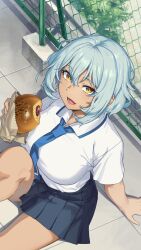 1girl aqua_hair artist_request bare_legs breasts food highres holding holding_food kurotani_kai large_breasts lilith-soft looking_at_viewer official_art official_wallpaper outdoors plaid_clothes plaid_skirt school_uniform sitting skirt smile solo taimanin_(series) taimanin_rpgx wide_hips yellow_eyes