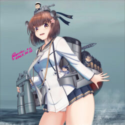 Rule 34 | 1girl, 3boys, akitsu seiji, binoculars, blue sailor collar, blush, breasts, brown eyes, brown hair, cherry blossoms, chibi, cloud, dated, day, dress, flower, glasses, godzilla (series), godzilla minus one, grey neckerchief, grey sky, hair ornament, headgear, hotta tatsuo, ijn yukikaze, imperial japanese navy, kantai collection, long sleeves, medium breasts, moke ro, multiple boys, neckerchief, noda kenji, ocean, open mouth, outdoors, panties, rigging, sailor collar, sailor dress, short hair, simple background, sky, smile, smokestack, speaking tube headset, toho, twitter username, underwear, white dress, white panties, yukikaze (kancolle), yukikaze kai ni (kancolle)