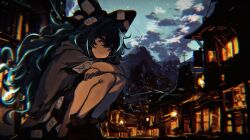 1girl blue_eyes blue_hair blurry blurry_background bow building city cityscape cloud commentary english_commentary full_body grey_hoodie hair_between_eyes hood hood_down hoodie knees_to_chest long_hair mountainous_horizon outdoors solo squatting touhou xiirus yorigami_shion