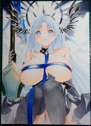1girl alsace_(azur_lane) azur_lane bare_shoulders black_gauntlets black_thighhighs blue_eyes blue_hair blush breast_strap breasts highres huge_breasts long_hair looking_at_viewer marker_(medium) mimi_(mini1474) parted_bangs parted_lips photo_(medium) revealing_clothes solo thighhighs traditional_media very_long_hair