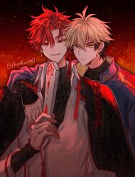 2boys antenna_hair arm_around_shoulder black_coat black_hair black_shirt blonde_hair blue_jacket braid braided_ponytail chinese_clothes chinese_knot closed_mouth coat coat_on_shoulders collared_shirt earrings fire folded_fan folding_fan grin hair_between_eyes hand_fan highres holding holding_fan hug hug_from_behind jacket jewelry long_hair long_sleeves looking_at_viewer male_focus multicolored_hair multiple_boys parted_bangs parted_lips red_eyes red_hair shiguang_dailiren shirt short_hair single_braid single_earring sleeves_past_wrists smile tassel tassel_earrings turtleneck twitter_username two-tone_hair upper_body white_shirt wide_sleeves xia_fei xiao_weiying yaoi yellow_eyes yuxianchen