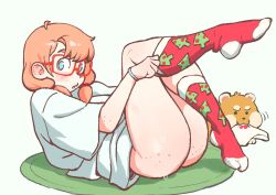 1girl ahoge ass asymmetrical_bangs blue_eyes body_freckles bottomless bow bow_panties bracelet chestnut_mouth christmas christmas_tree_print colo_(nagrolaz) commentary dog english_commentary freckles full_body glasses highres jewelry long_hair looking_at_viewer lying motion_lines no_pupils on_back on_floor open_mouth orange_hair oversized_clothes oversized_shirt panties print_socks red-framed_eyewear red_bow red_socks rita_(sweethex) rug shirt short_sleeves sidelocks simple_background socks solo straight_hair sweethex underwear unworn_panties white_background white_panties white_shirt