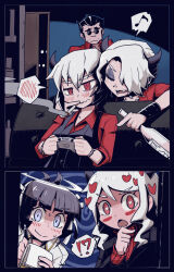 !? 1boy 4girls :o alcohol antenna_hair azazel_(helltaker) black_choker black_hair black_horns black_jacket black_vest blazer blue_background blue_eyes blunt_sidelocks blush blush_stickers bob_cut bookshelf bottle bow breasts bright_pupils choker cigarette closed_eyes collared_shirt controller couch demon_horns dress_shirt eyeshadow fang front-to-back frown game_controller giving glowing glowing_eyes hair_between_eyes hair_bow hair_ornament hair_over_one_eye hair_ribbon hair_slicked_back hairband halo hand_up heart heart-shaped_pupils heart_hair_ornament helltaker helltaker_(character) holding holding_bottle holding_cigarette holding_controller holding_game_controller holding_notepad holding_pen horns jacket jewelry lip_piercing lip_ring liquor living_room looking_at_another makeup malina_(helltaker) medium_breasts modeus_(helltaker) mouth_hold multiple_girls musical_note necklace nose_piercing notepad on_couch open_door open_mouth peeking peeking_out pen piercing playing_games purple_eyeshadow red_eyes red_shirt ribbed_sweater ribbon round_eyewear shirt short_hair shuuzen_(shu-zen) side-by-side smoke smoking spiral_background spoken_blush spoken_interrobang spoken_musical_note string_of_pearls sunglasses surprised sweater symbol-shaped_pupils taking_notes turtleneck turtleneck_sweater uniform upper_body v-shaped_eyebrows vest vodka wavy_hair wavy_mouth white_bow white_hair white_hairband white_pupils white_ribbon white_shirt zdrada_(helltaker)