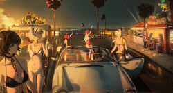6+girls absurdres bikini black_hair breasts camellya_(wuthering_waves) car carlotta_(splashing_summer)_(wuthering_waves) carlotta_(wuthering_waves) cartethyia_(wuthering_waves) character_request ciaccona_(wuthering_waves) commentary dudrinm female_rover_(wuthering_waves) food_stand highres horns jinhsi_(wuthering_waves) long_hair motor_vehicle multiple_girls official_alternate_costume palm_tree phoebe_(wuthering_waves) red_hair rover_(wuthering_waves) short_hair swimsuit symbol-only_commentary tree waving_arm white_hair wuthering_waves zani_(wuthering_waves)