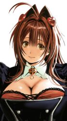 1girl ahoge breasts brown_eyes brown_hair cleavage hair_ears hair_intakes hair_ornament heart heart_hair_ornament highres large_breasts long_hair looking_at_viewer meisharan nanaco_(meisharan) original smile solo
