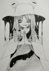 1girl blood blood_from_mouth bloody_tears blunt_bangs closed_mouth commentary dress eyebrows_hidden_by_hair fingernails greyscale hair_ribbon hat horizontal_pupils long_hair long_sleeves looking_at_viewer mishaguji monochrome moriya_suwako own_hands_clasped own_hands_together parted_bangs ribbon sidelocks smile snake solo touhou upper_body whoru wide_sleeves
