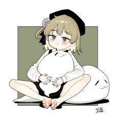 1girl absurdres barefoot beret black_hat black_ribbon black_skirt blush brown_eyes brown_hair butterfly_sitting closed_mouth collared_shirt flower hair_flower hair_ornament hair_ribbon hat hatoba_tsugu highres holding holding_stuffed_toy long_sleeves looking_at_viewer one_side_up ribbon rose sally_v_frank shirt short_hair signature simple_background sitting skirt solo stuffed_toy suspender_skirt suspenders toes tsugu_(vtuber) virtual_youtuber white_background white_flower white_rose white_shirt