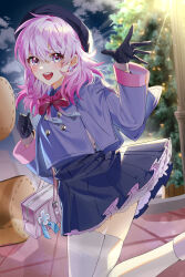 1girl absurdres alternate_costume bag beret black_gloves black_hat blue_eyes bow bubble_skirt cowboy_shot cropped_jacket gloves hat highres honkai:_star_rail honkai_(series) jacket looking_at_viewer march_7th_(honkai:_star_rail) medium_hair multicolored_eyes open_hand open_mouth pink_bag pink_bow pink_eyes pink_hair purple_jacket q_meu skirt smile thighhighs two-tone_eyes white_thighhighs